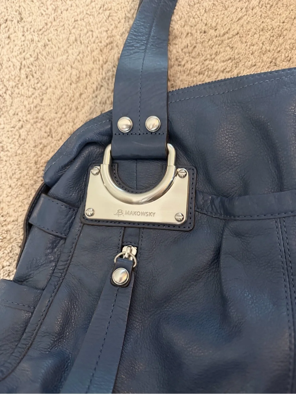 B. Makowsky Navy Leather Shoulder Slouch Bag